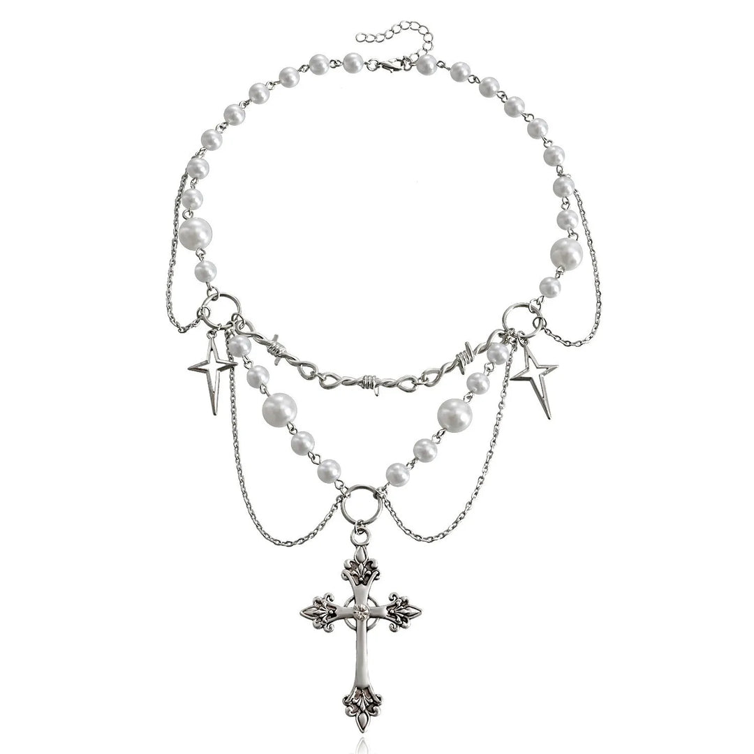 Ivory pearl layered necklace with star charms and dangling cross pendant, silver-tone metal