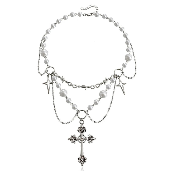 Ivory pearl layered necklace with star charms and dangling cross pendant, silver-tone metal