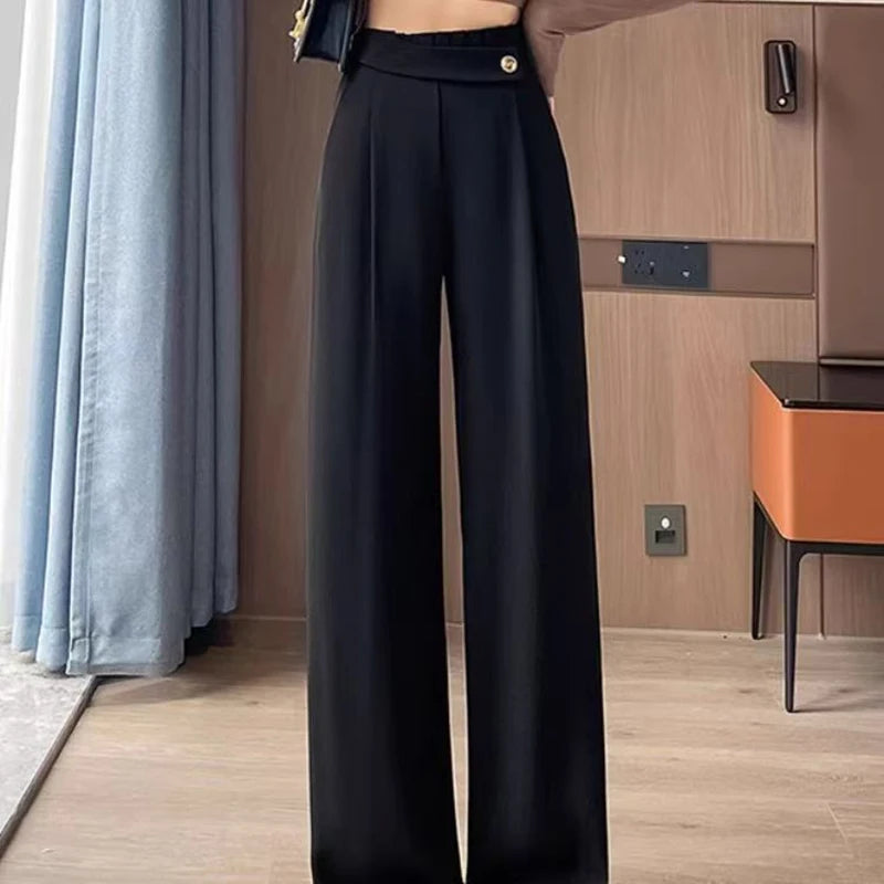 Women’s high-rise wide-leg ankle-crop pants in black, smooth front with button waist