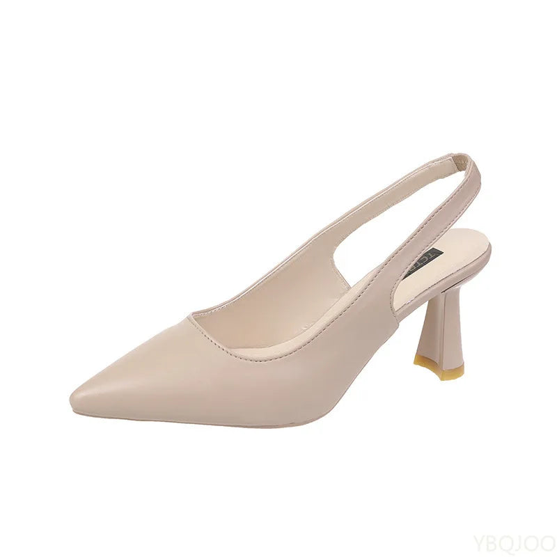 Women’s pointed-toe thin high-heel slingback pumps, beige faux leather with low sling