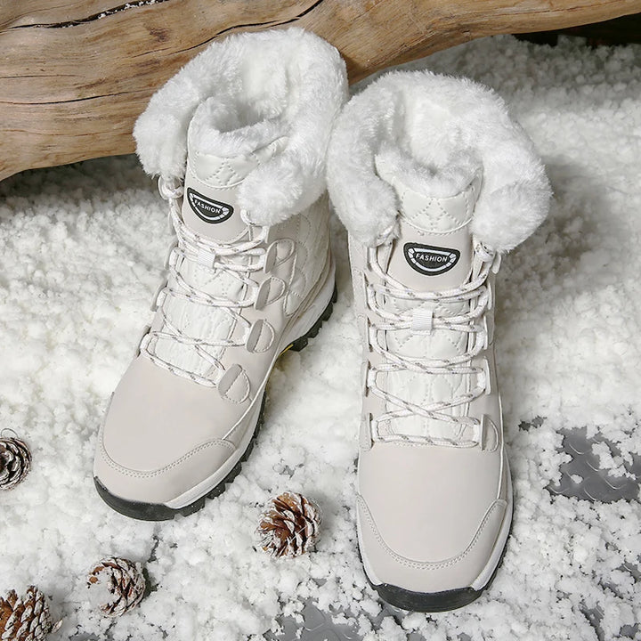 Women's light gray/cream mid-calf lace-up snow boots with fleece lining and grippy sole