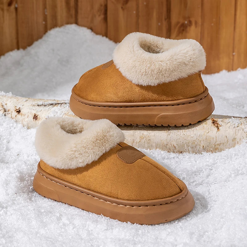 Women’s tan winter snow boots with thick plush sherpa lining and padded non-slip sole