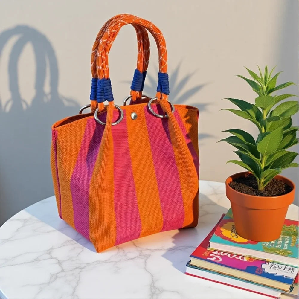 Structured top-handle satchel with woven rainbow handle and colorful striped body, gold-tone hardware