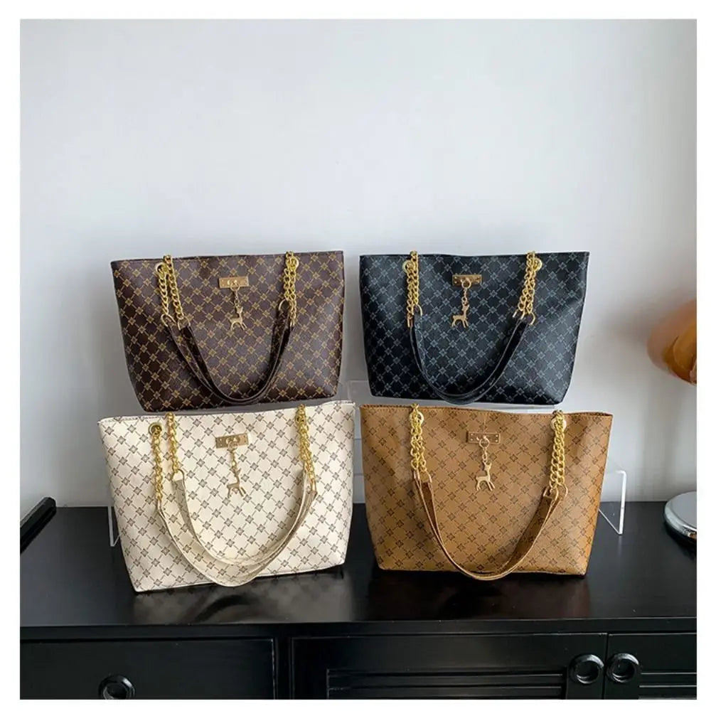 Set of patterned bucket tote bags with chain handles: light, tan, dark, and black