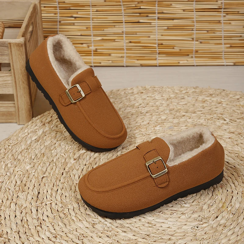 Brown slip-on loafer with gold buckle and short plush lining