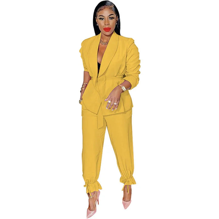 Chic Long Sleeve Bandage Cardigan With Belt & Tapered Leg Pants Suit - Gen U Us Products -  