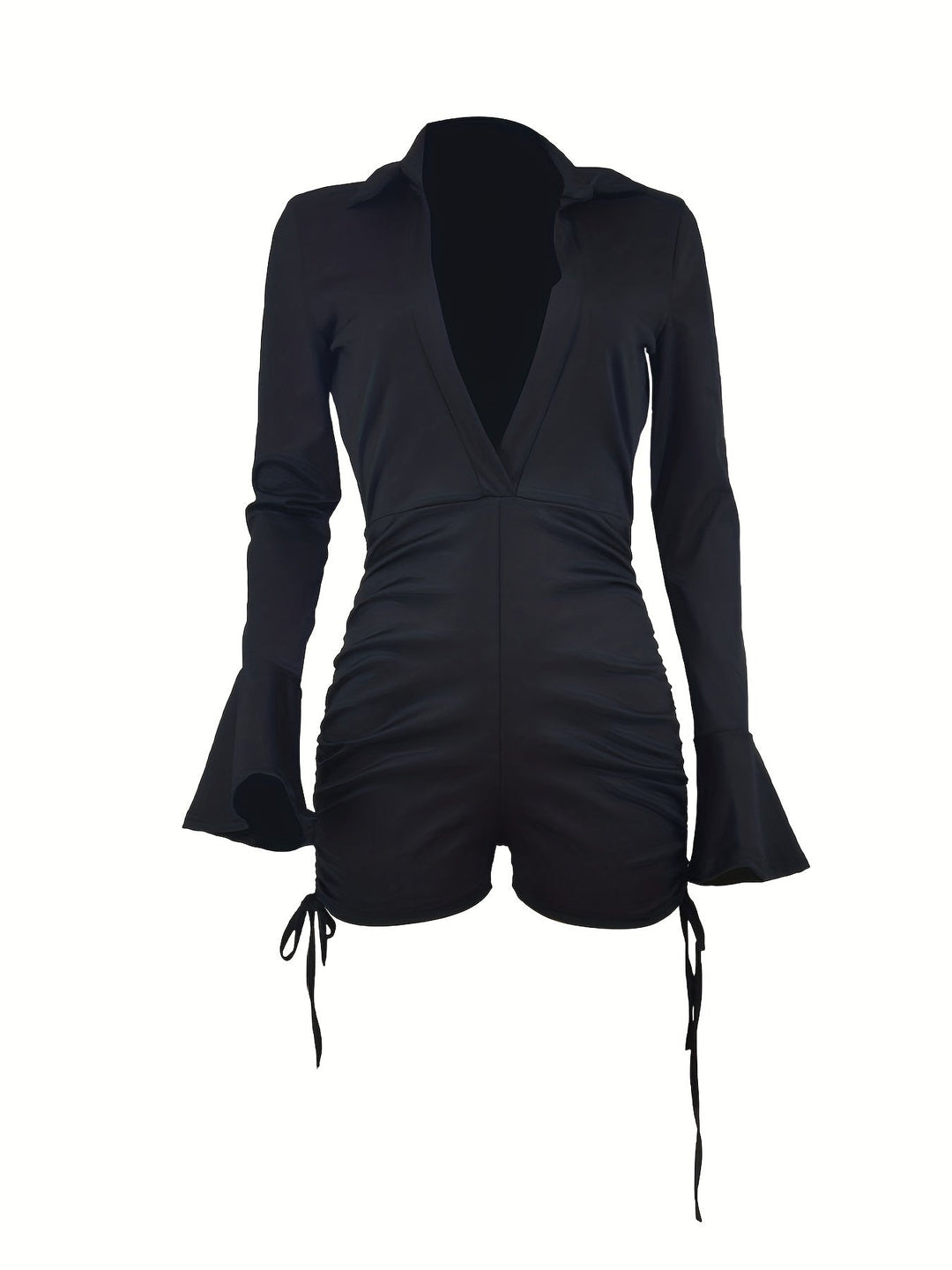Sexy Flattering-fit Long Sleeve Drawstring Ruched Plunging Rompers 