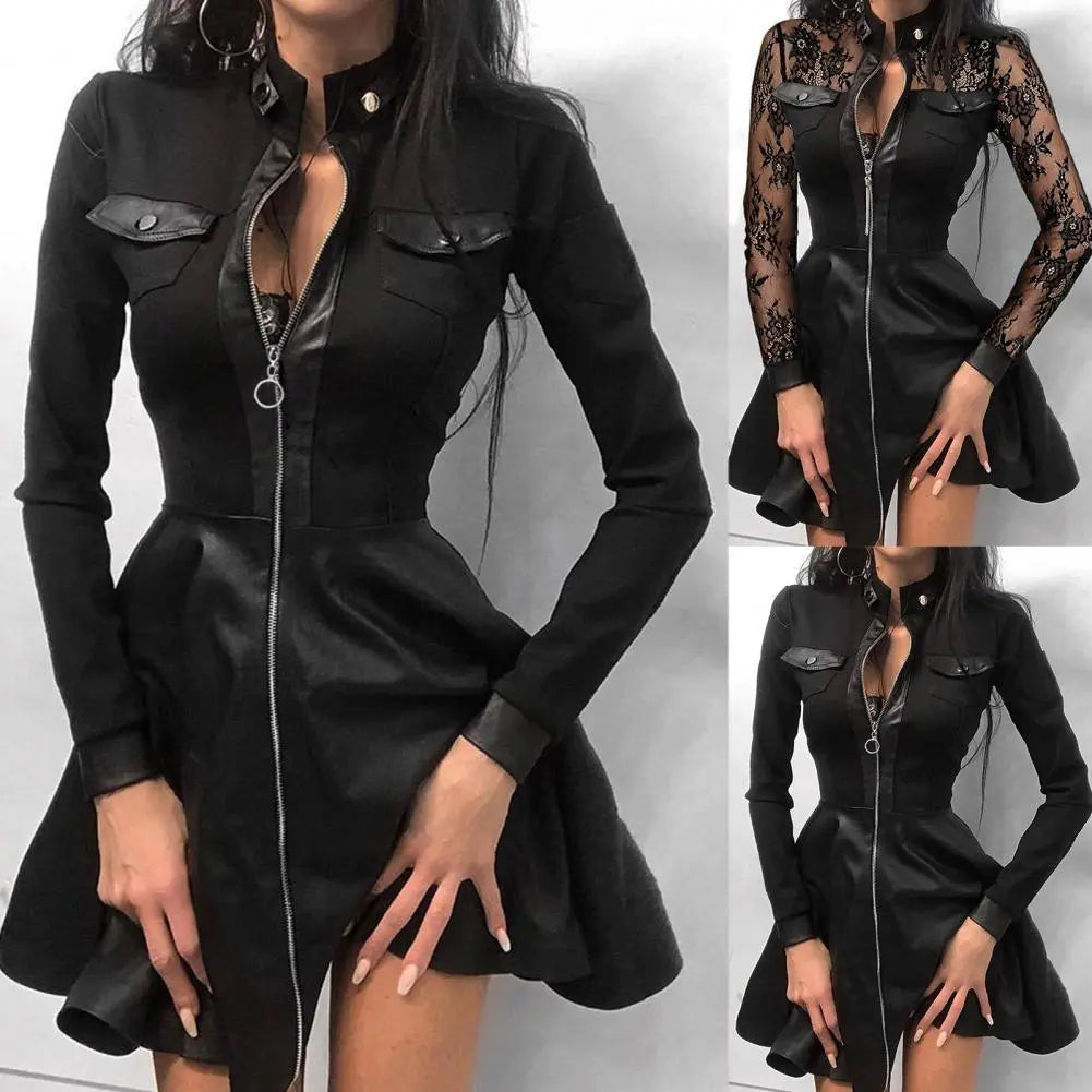 Sexy Hem Lace Long Sleeve Faux Leather Mini Dresses 