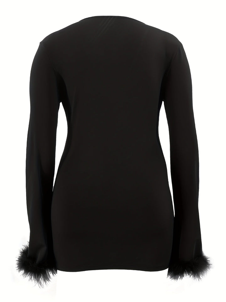 Sexy Long Sleeve Fuzzy Trim Deep V-Neck Midi Bodycon Dress 