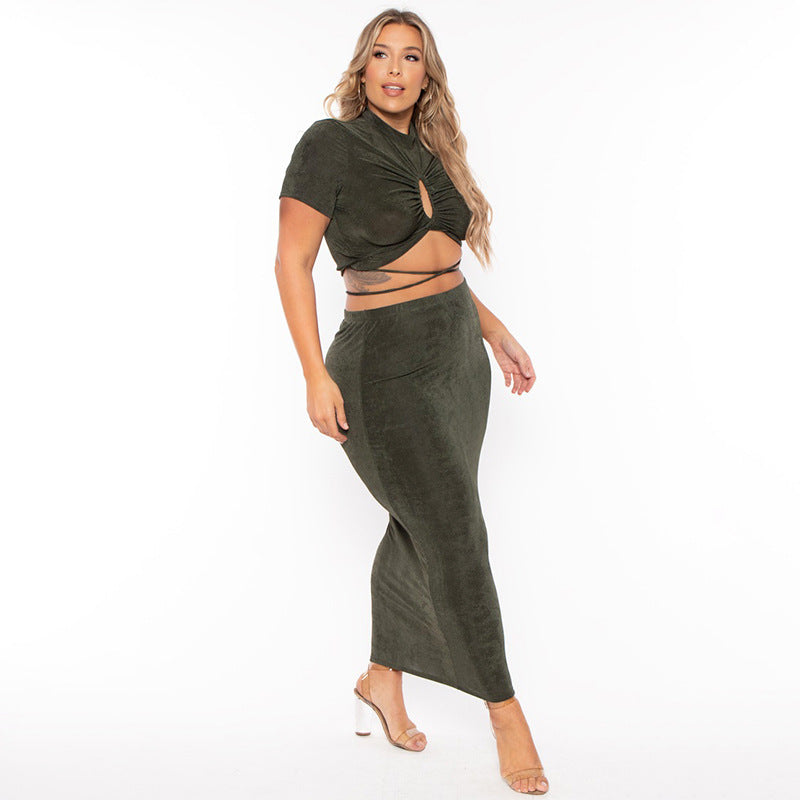 Sexy Snug Fit Drawstring Chesty Cutout Crop Top and Bag Skirt 