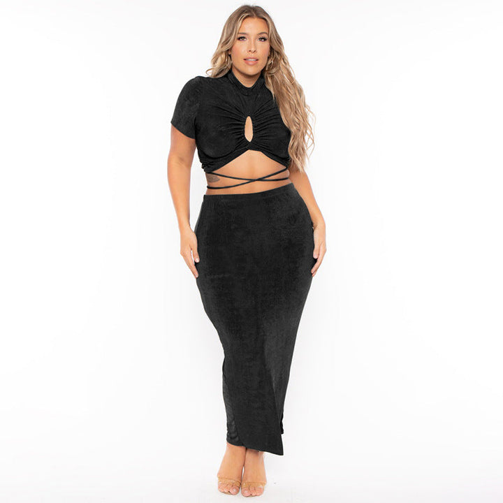Sexy Snug Fit Drawstring Chesty Cutout Crop Top and Bag Skirt 