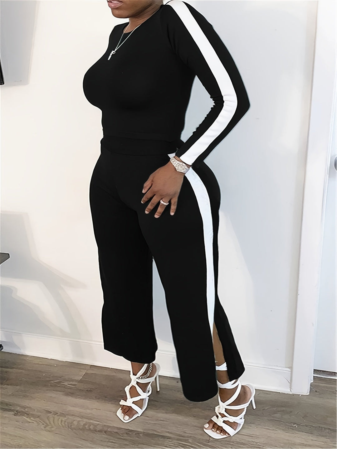 Sexy Striped Long Sleeve Form-fitting Top and Pants Activewear Set 