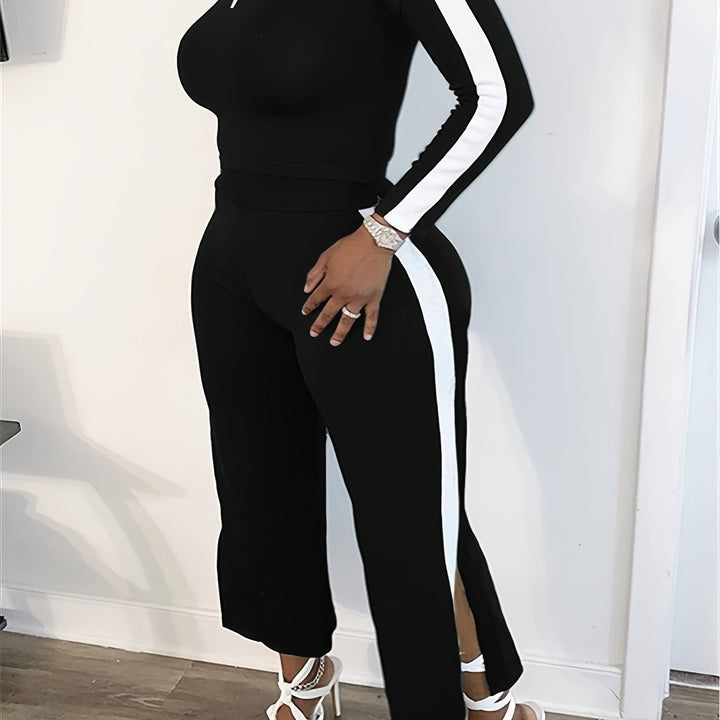Sexy Striped Long Sleeve Form-fitting Top and Pants Activewear Set 