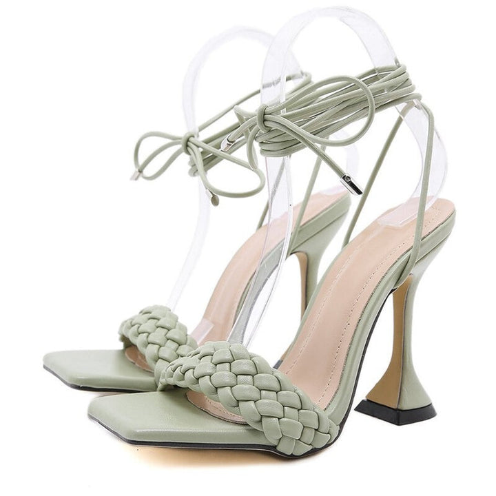 Sexy Weave String Lace Tie Detailing Open Toe Spike Heels Sandals 
