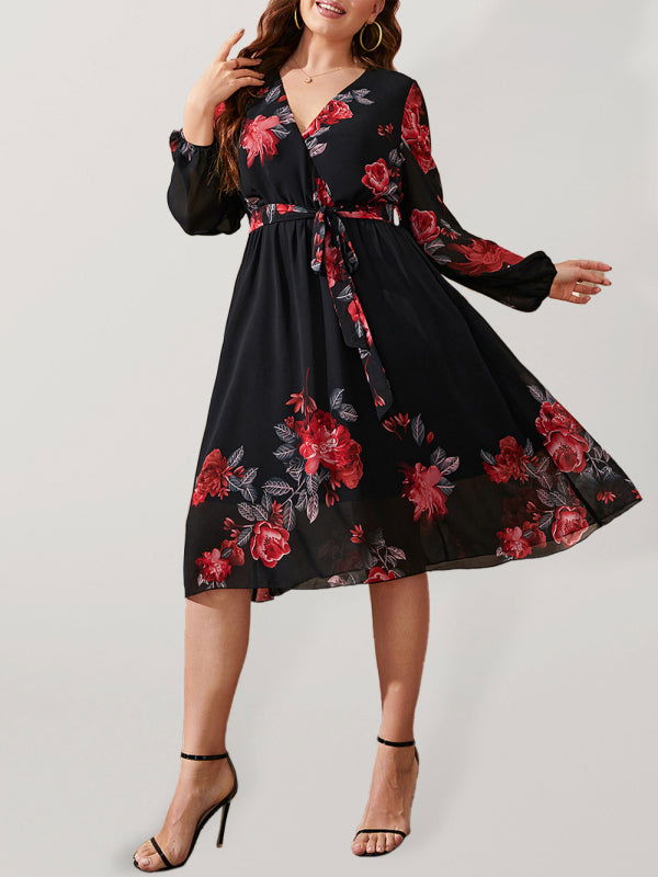 Sexy V Neck Tie Waist Floral Print Big Swing Dresses - Gen U Us Products -  