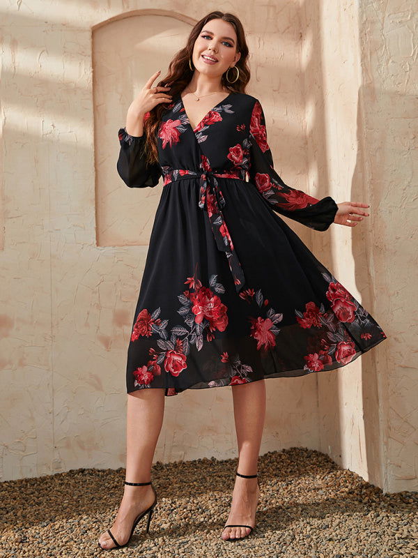 Sexy V Neck Tie Waist Floral Print Big Swing Dresses - Gen U Us Products -  