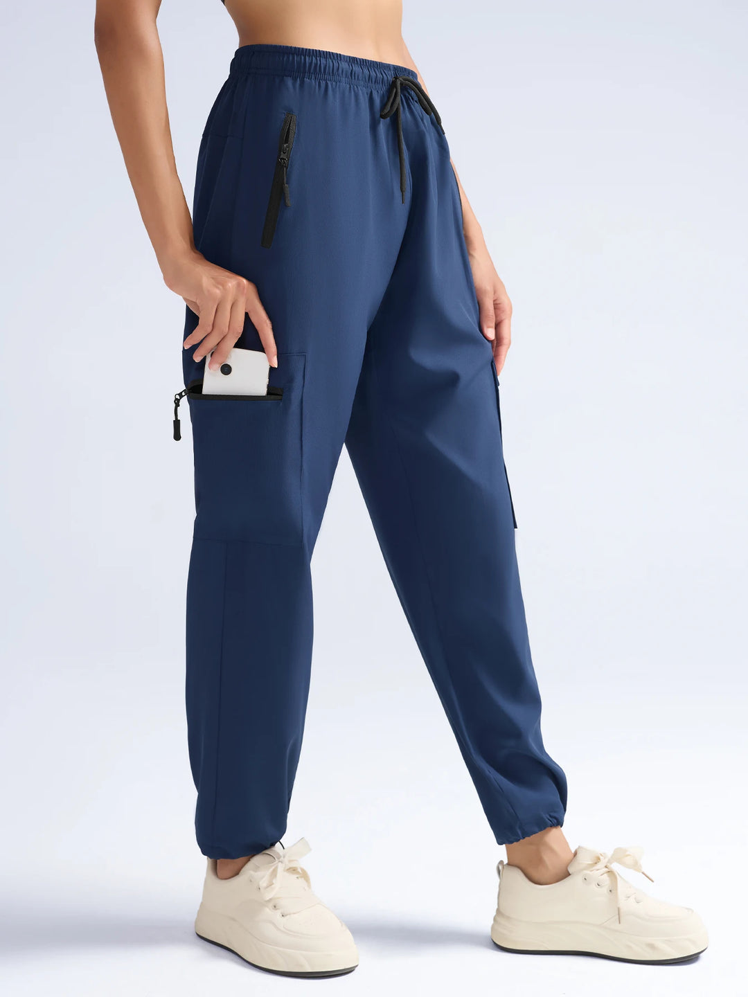 Women's Blue Cargo Joggers With Drawstring Waist And Thigh Pocket