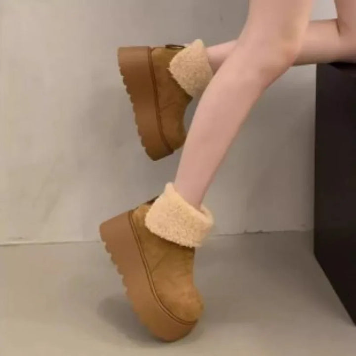 Women's brown suede platform snow boots with cream faux fur ankle cuffs