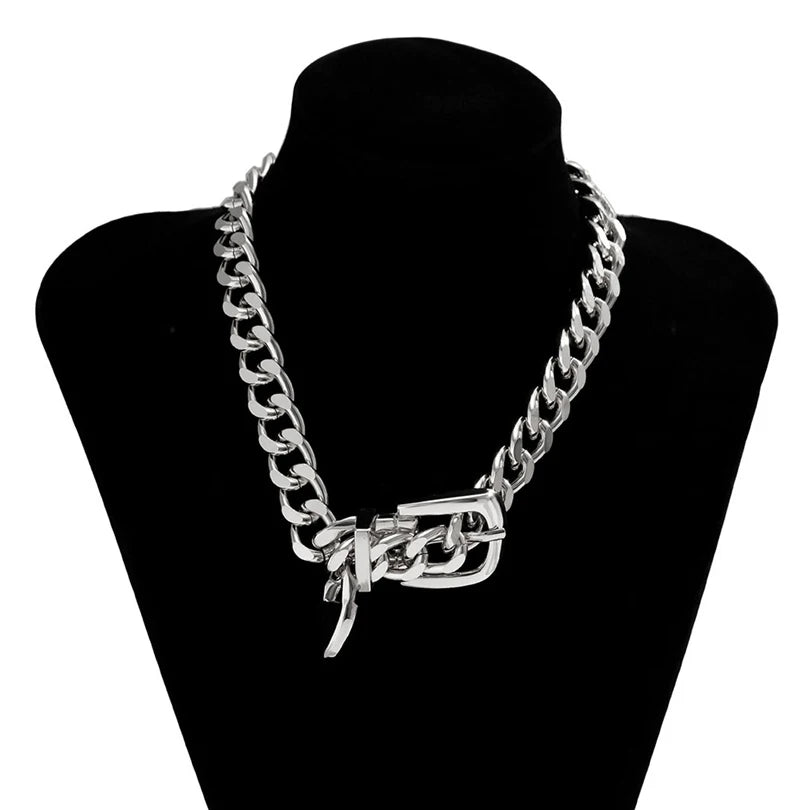 Silver chunky chain choker necklace with rectangular charm