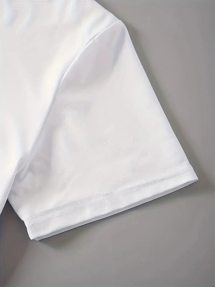 White tee sleeve cuff hem close-up with neat stitching