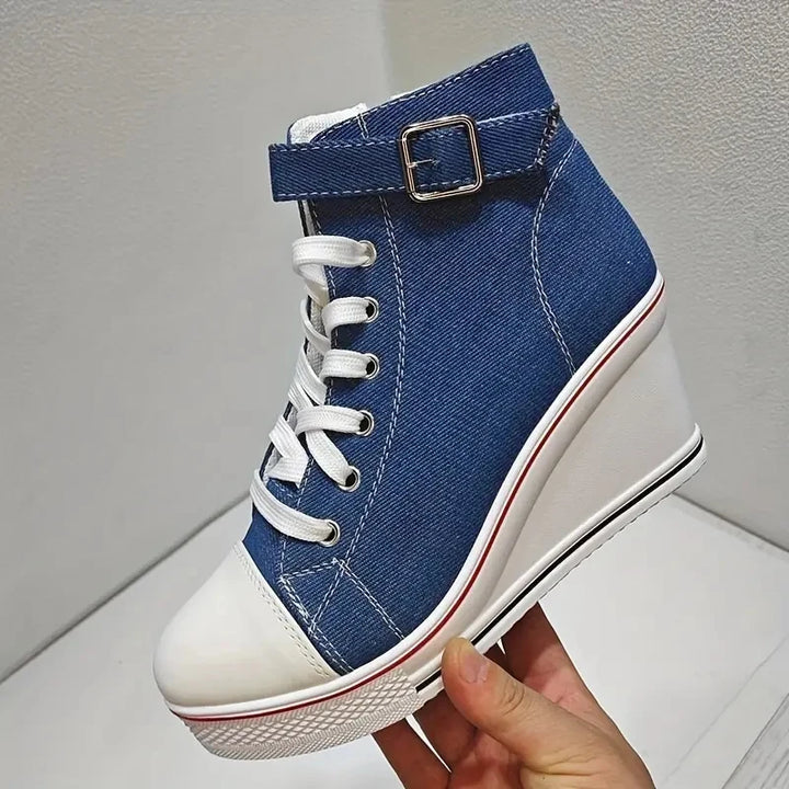 Funky Fresh Lace Up High Top High Wedge Denim Sneakers