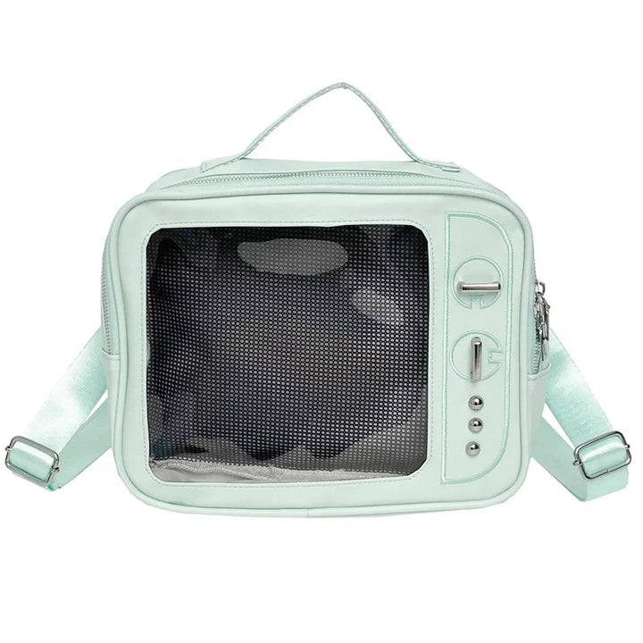 Mint green transparent crossbody bag with front mesh window and adjustable shoulder straps