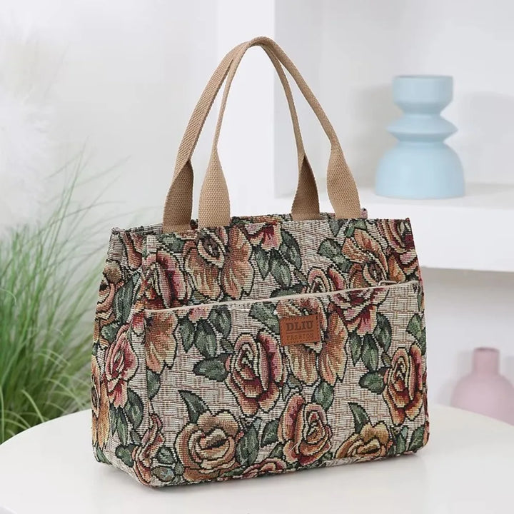 Floral Canvas Zip Tote With Jacquard Detail & Large Capacity