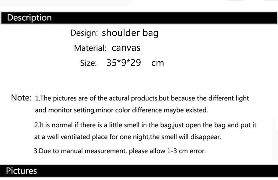 Canvas tote bag description card with material, size, and design details