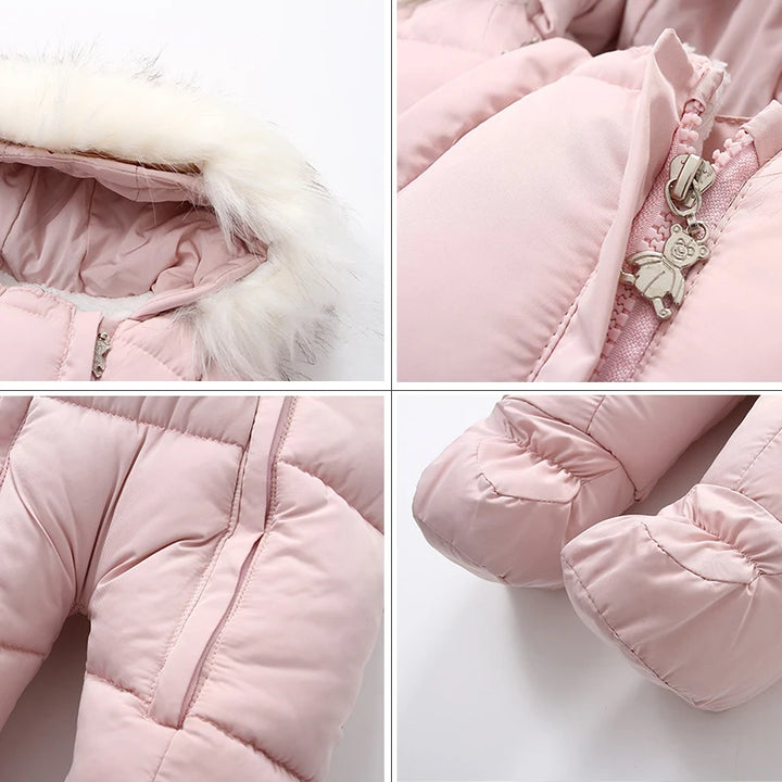 Warm Thick Wool Fur Hood Snow Proof Fleece Down Snowsuits