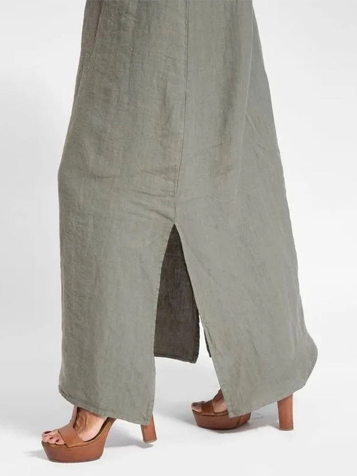 Women's Side Split Cotton Linen Summer Dress | Soft Neutral Tones