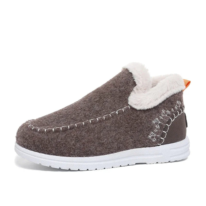Brown felt slip-on ankle snow loafer with white fleece-lined collar and white sole