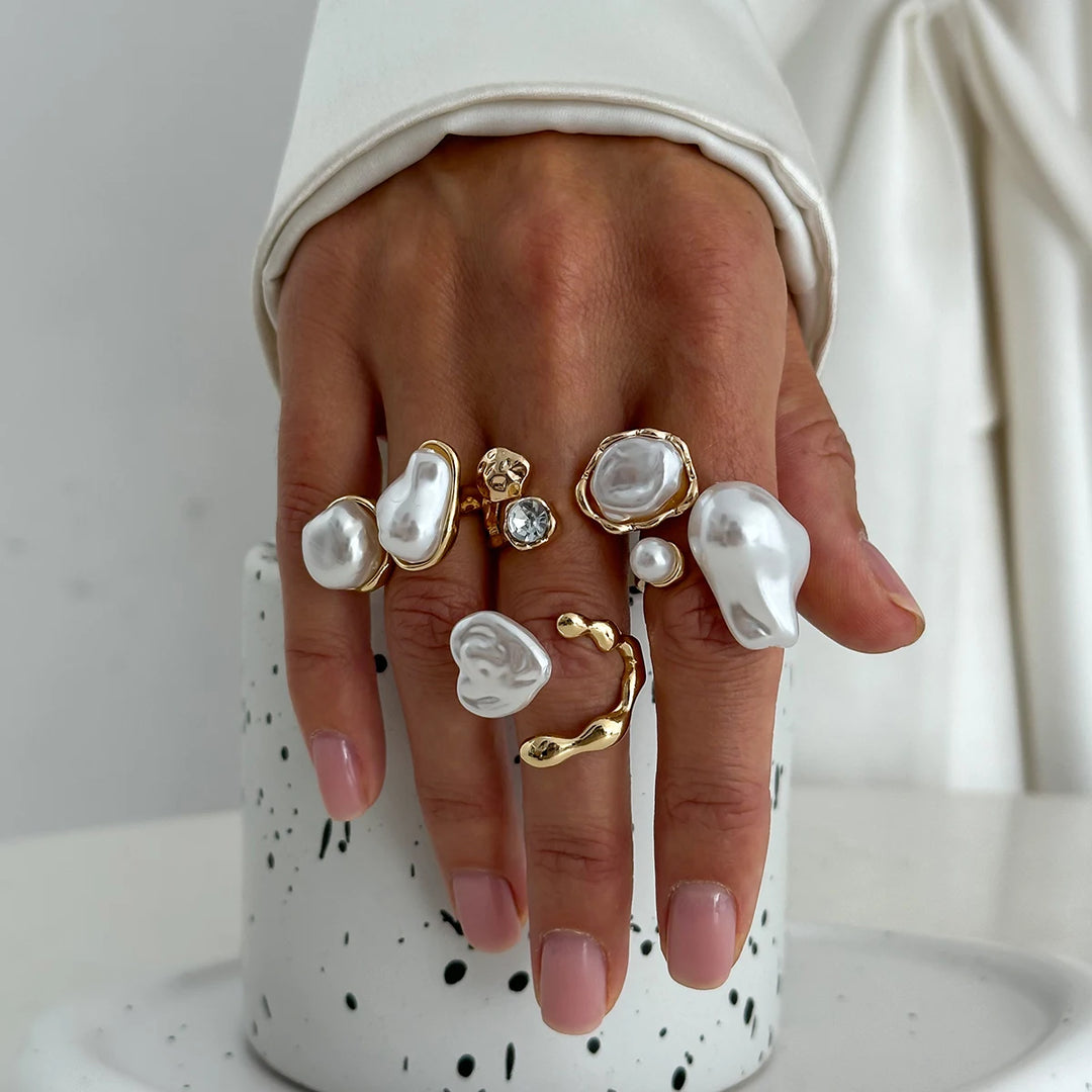 Women's open pearl rings with gold-tone frames, white faux pearls and gem accents