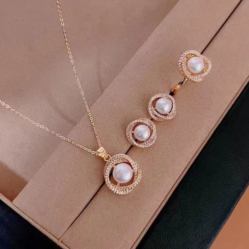 Radiant Pearl Necklace, Ring & Earrings Jewelry Sets - Flossy Mom