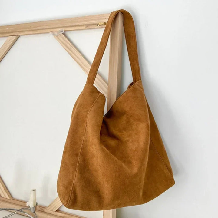 Caramel suede-look underarm tote bag with long handles and open top