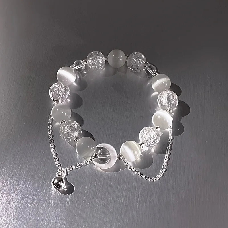 Charm bead bracelet with white and clear round beads, heart lock charm, silver chain