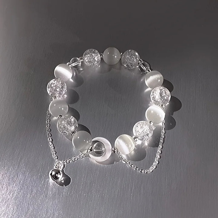 Charm bead bracelet with white and clear round beads, heart lock charm, silver chain