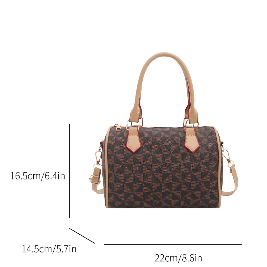 Coffee-brown geometric triangle print handbag with twin top handles and adjustable shoulder strap