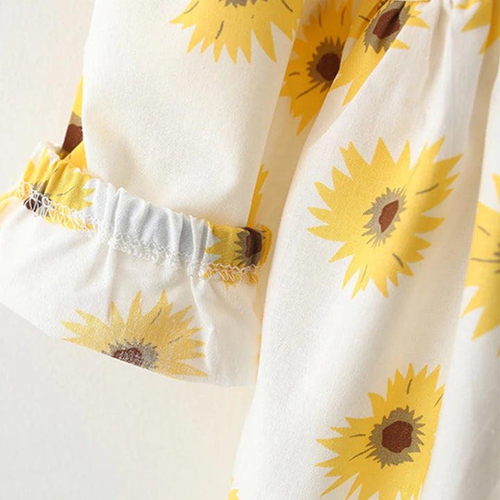 Cute Sunflower Print Long Sleeve Doll Collar Dress with Bag