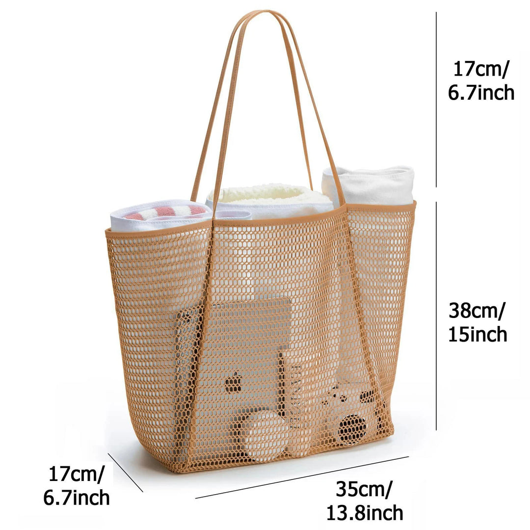 Tan mesh tote with open top and size proportions shown: height and width