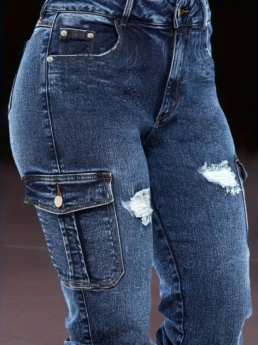Back view of dark blue denim jeans with cargo pocket, round rivet buttons, and distressed spots.