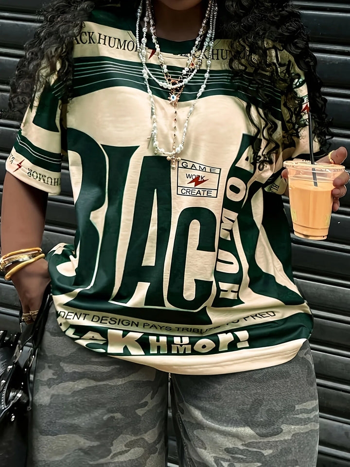Plus-size knit T-shirt, dark green and cream graphic lettering across front