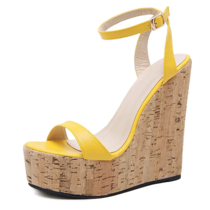 Eilyken women’s yellow wedge platform sandals with ankle buckle strap and cork-style heel