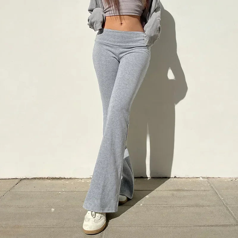 Gray slim-fit bootcut dress pants with hidden elastic waist, straight-to-flare fit