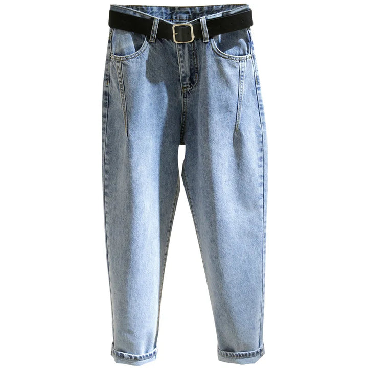 Women’s blue denim harem jeans with high waist, black belt and button fly, front pockets