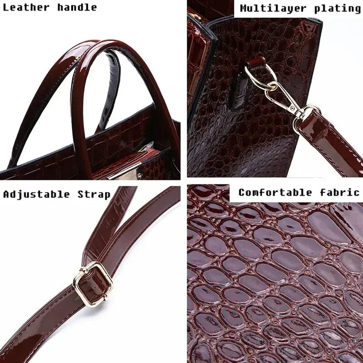 Crocodile-pattern leather tote bag details: top handles, adjustable strap, and interior.