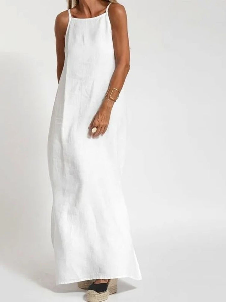 Women's Side Split Cotton Linen Summer Dress | Soft Neutral Tones