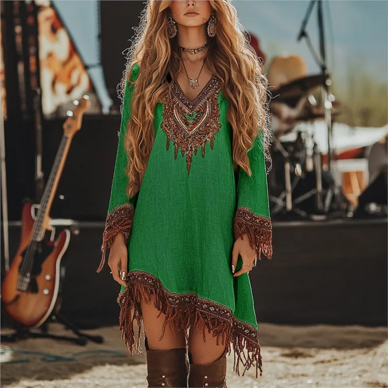 Woman in a green dress with fringe details standing in front of musical instruments.