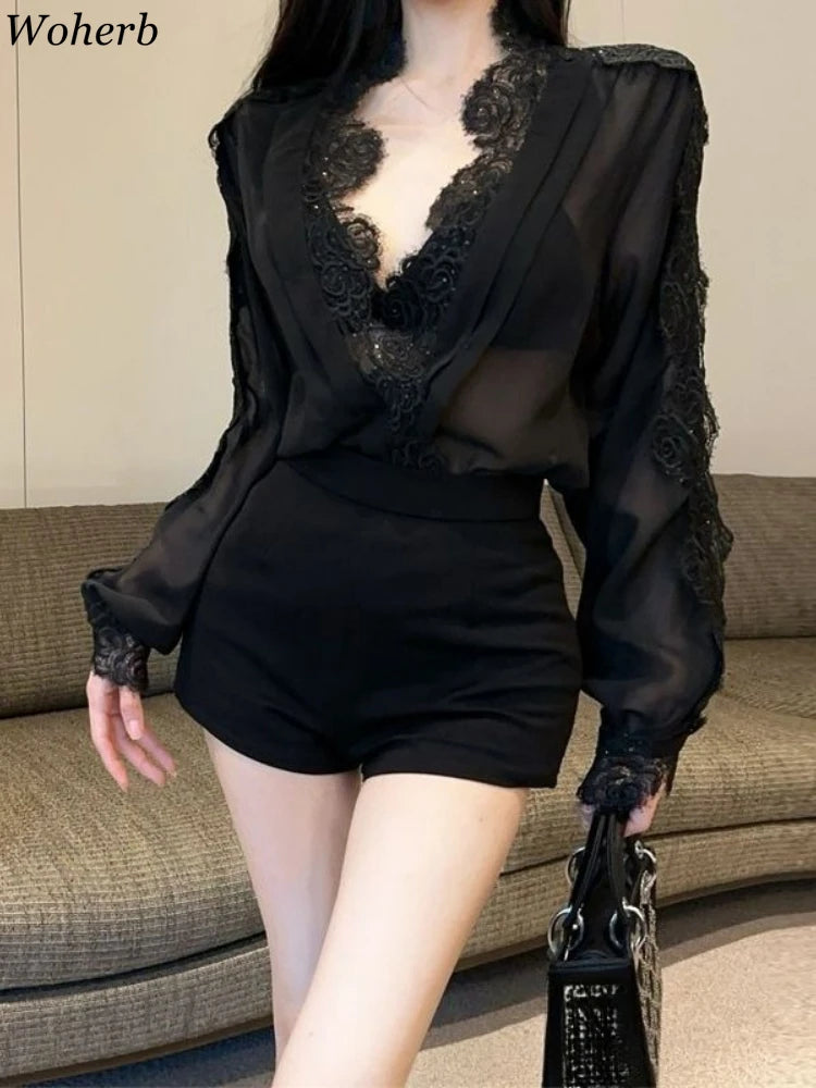 See-Through Floral Lace Shirts 👚 Open V-Neck Sexy Style - Flossy Mom