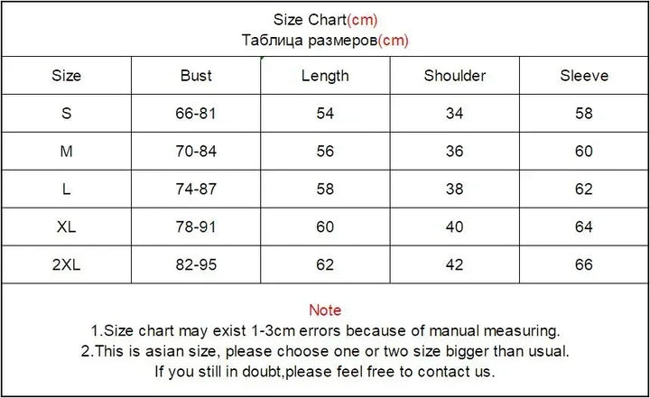 Size chart for the knit long-sleeve shirt
