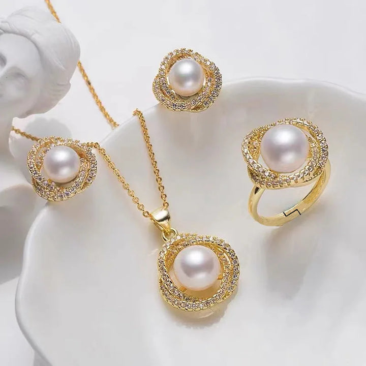 Radiant Pearl Necklace, Ring & Earrings Jewelry Sets - Flossy Mom